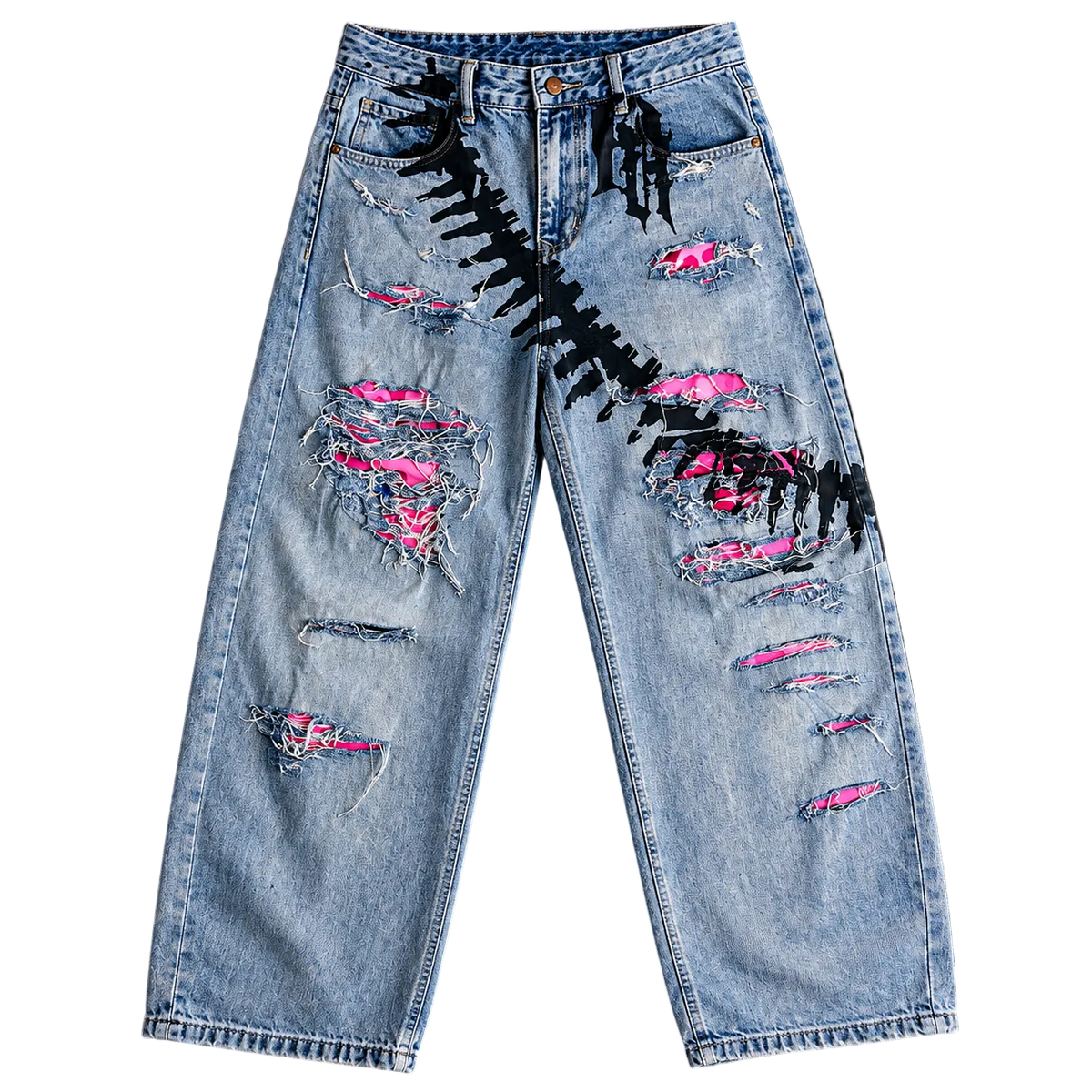 Light blue distressed denim jeans with heavy ripped detailing, black decorative stitching across the thighs, and bright pink fabric accents, shown flat against a solid black background.